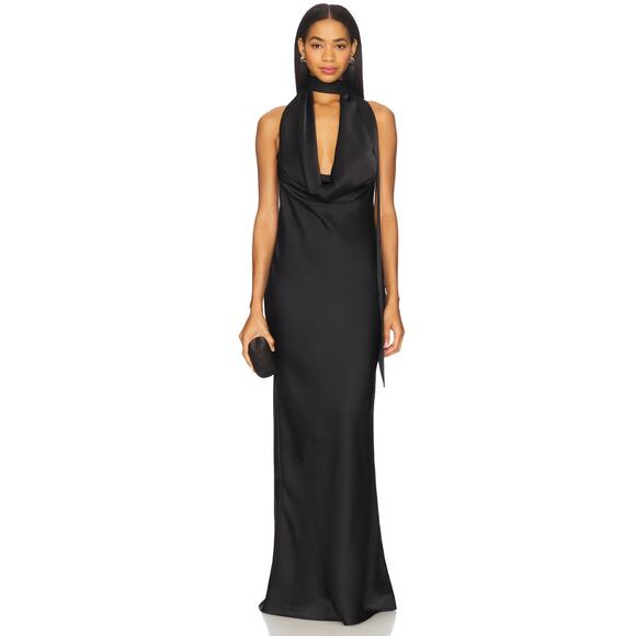 ARIYAMAAN - Lovers + Friends Black Satin Cowl Neck Halter Maxi Dress